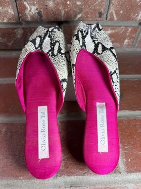 Olivia Rose Tal Pink-Trim Snake-Print Pointed Flats